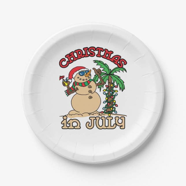 Christmas in July Snowman Sand Beach Paper Plate (Front)