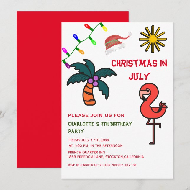 Christmas In July Summer Party Flamingo Birthday Invitation (Front/Back)