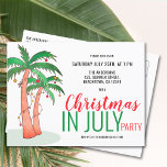 Christmas in July Summer Party Invitation Postcard<br><div class="desc">Invite family and friends to your Christmas in July celebration with this fun invitation featuring hand-drawn palm trees decorated with lights and baubles. Customise these invitations with your details and enjoy the fun! As we create our artwork you won't find this exact image from other designers. Original Watercolor © Michele...</div>