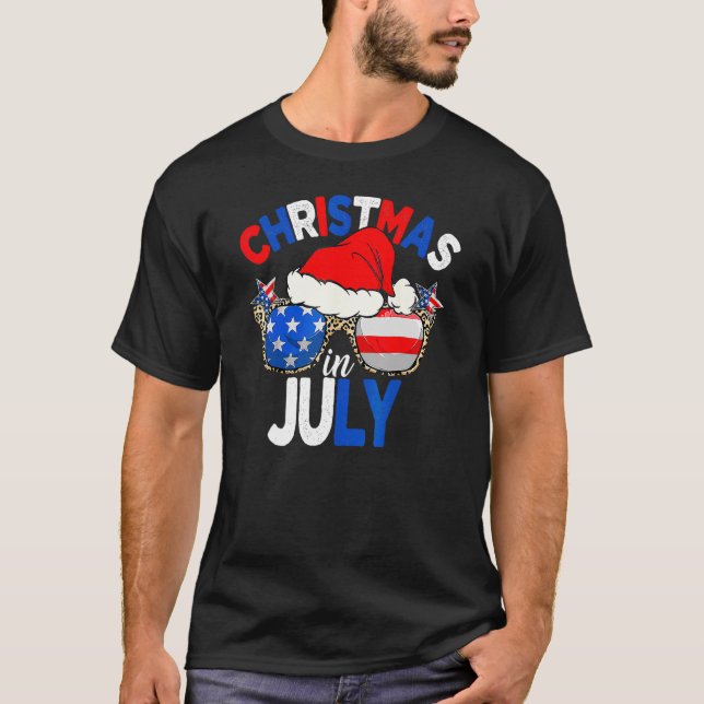 Christmas In July Summer Patriotic USA Santa Hat 4 T-Shirt (Front)