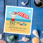 Christmas in July Summer Santa Claus Beach Party Napkin<br><div class="desc">This cute custom Christmas in July napkin makes perfect summer party decor for a beach bash or pool gathering. Make it a fun north pole themed extravaganza with Santa Claus in his swimming trunks next to a red and white striped beach umbrella and gifts. I've never seen Mr. Klaus in...</div>