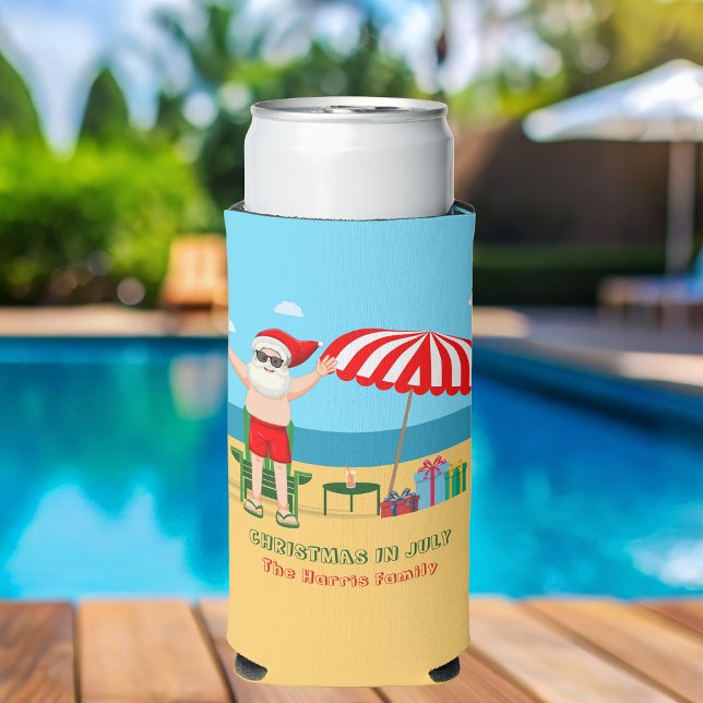 Christmas in July Summer Santa Claus Beach Party Seltzer Can Cooler (Creator Uploaded)