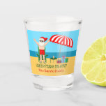Christmas in July Summer Santa Claus Beach Party Shot Glass<br><div class="desc">This cute custom Christmas in July shot glass makes the perfect summer party favour for a beach bash or pool gathering. Make it a fun north pole themed extravaganza with Santa Claus in his swimming trunks next to a red and white striped beach umbrella and gifts. I've never seen Mr....</div>