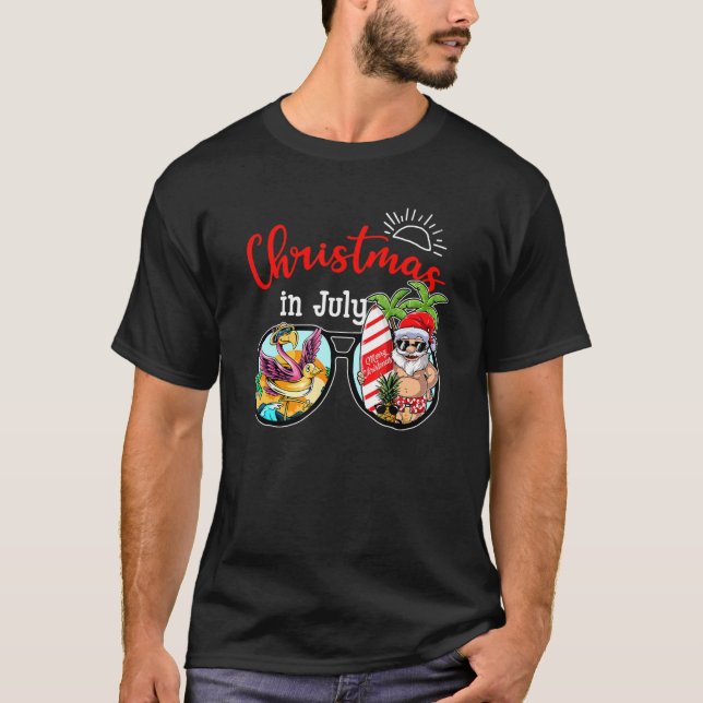 Christmas In July Summer Santa Claus Surfing Beach T-Shirt (Front)