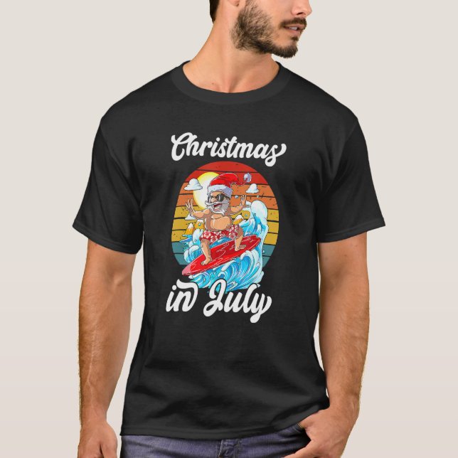 Christmas In July Summer Santa Claus Surfing Hawai T-Shirt (Front)