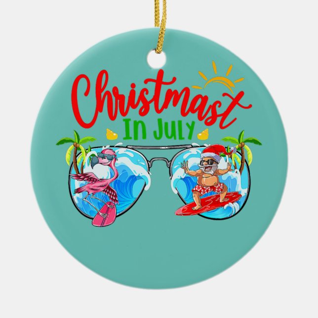 Christmas In July Sunglasses Santa Surfer Summer Ceramic Tree Decoration (Front)