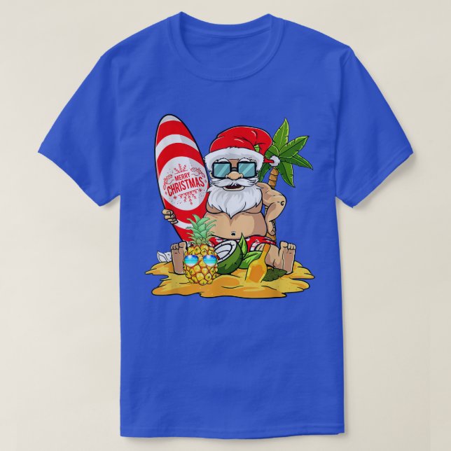Christmas In July Surfing Funny Santa Summer Beach T-Shirt (Design Front)