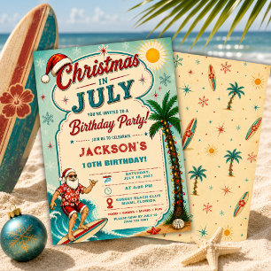 Christmas In July Surfing Santa Birthday Party Invitation