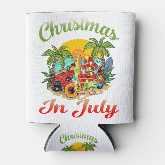 Christmas in July Surfing Summer Watermelon Can Cooler (Front)