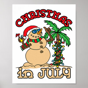 Christmas In July T Shirts Snowman Sand Palm Tree Poster