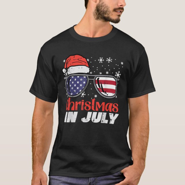 Christmas In July US Flag Santa Patriot Men Women  T-Shirt (Front)