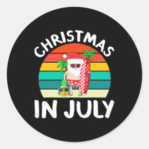 Christmas In July Vintage Santa Hawaiian Surfing S Classic Round Sticker