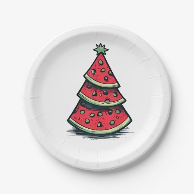 Christmas in July Watermelon Christmas Tree  Paper Plate (Front)