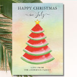 Christmas in July Watermelon  Holiday Card<br><div class="desc">Are you planning a Christmas in July celebration this year?
These fun Christmas in July cards are decorated with a red watercolor watermelon Christmas tree on a colourful background.
Because we create our artwork you won't find this exact image from other designers.
Original Watercolor © Michele Davies.</div>