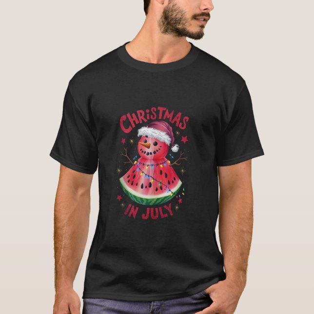 Christmas in July Watermelon Snowman Funny Holiday T-Shirt (Front)