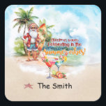 Christmas in July with Santa Claus at he beach Square Sticker<br><div class="desc">Celebrate the spirit of Christmas in July with our special wSanta Claus event at the beach! Our square sticker captures the holiday cheer of Santa Claus in a fun and summer setting. It's the perfect way to add a touch of festive charm to your belongings or gifts. Join us for...</div>