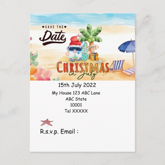 Christmas in July with SANTA CLAUS Save the date  Holiday Postcard (Front)