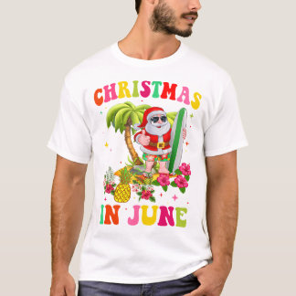 Christmas In June Funny Santa Flamingo Summer Vaca T-Shirt