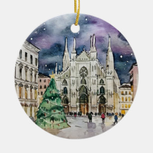 Christmas in Milan Italy Watercolor Travel Ceramic Tree Decoration