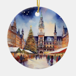 Christmas in Munich Germany Watercolor Ceramic Tree Decoration