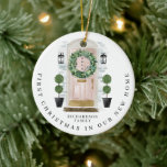 Christmas In New Home Watercolor Pink Door Wreath Ceramic Tree Decoration<br><div class="desc">Perfect ornament keepsake for new couples, newlyweds, and families celebrating their first Christmas in their new home. Our design features our own hand-painted watercolor pink front door with a festive Christmas holiday wreath. Accented with touches of gold on the mailbox slot, door handle, and door kickplate, black outdoor wall lights,...</div>