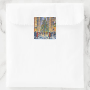 Christmas in New York Sticker, Winter City Scene  Square Sticker