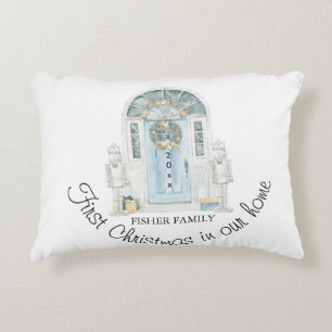Christmas In Our New Home Watercolor Blue Door  Decorative Cushion