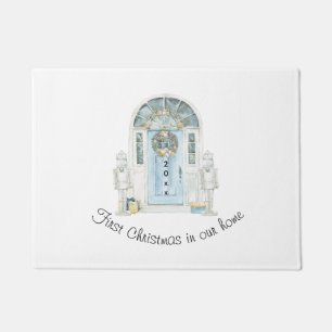 Christmas In Our New Home Watercolor Blue Door Doormat
