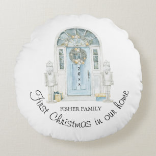 Christmas In Our New Home Watercolor Blue Door  Round Cushion