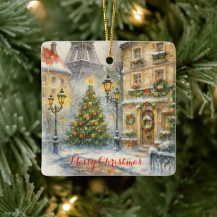 Christmas in Paris Holiday – Watercolor Eiffel Ceramic Ornament