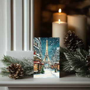 Christmas in Paris: Snowy Eiffel Tower Night Holiday Card