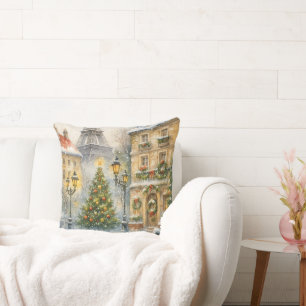 Christmas in Paris Watercolor Eiffel Tower Scene Cushion