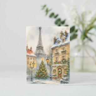 Christmas in Paris Watercolor Eiffel Tower Scene Postcard