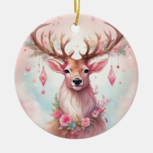 Christmas in pink: reindeer with pink Christmas Ceramic Tree Decoration