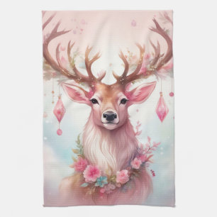 Christmas in pink: reindeer with pink Christmas Tea Towel