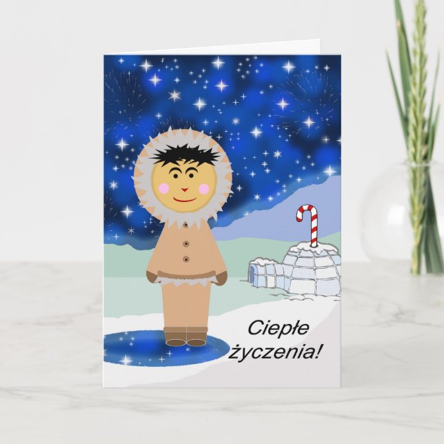 Christmas in Polish, Warm Wishes, Winter Eskimo Holiday Card (Front)