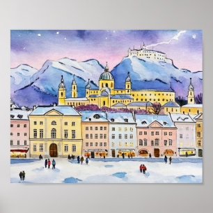 Christmas in Salzburg Austria Watercolor Poster
