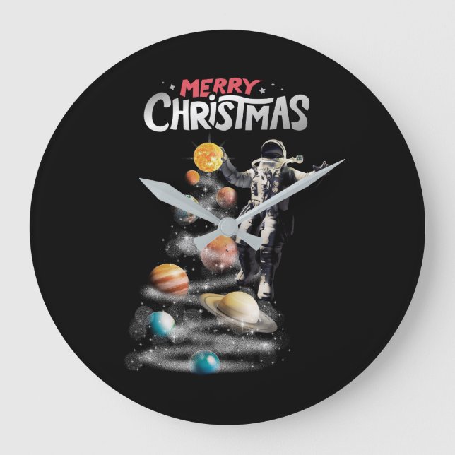 Christmas in Space Solar System Astronaut Invitati Large Clock (Front)