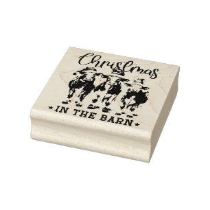 Christmas in the Barn Rustic Cows in Santa Hats Rubber Stamp