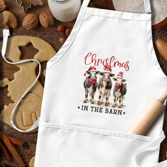 Christmas in the Barn Rustic Cows in Santa Hats Standard Apron (Creator Uploaded)