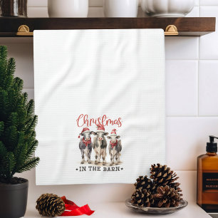 Christmas in the Barn Rustic Cows in Santa Hats Tea Towel