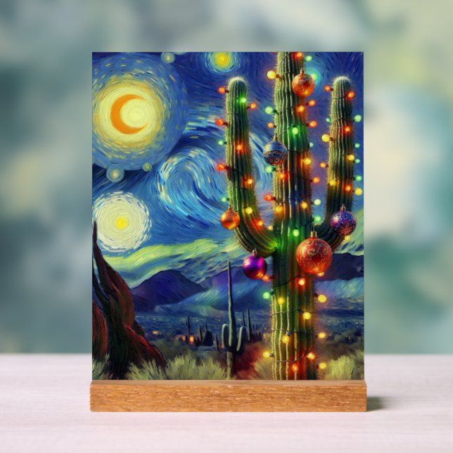 Christmas in the Desert Saguaro Cactus Blue Green Acrylic Sign (Neutral)