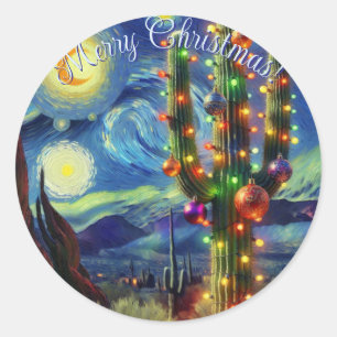 Christmas in the Desert Saguaro Cactus Blue Green Classic Round Sticker