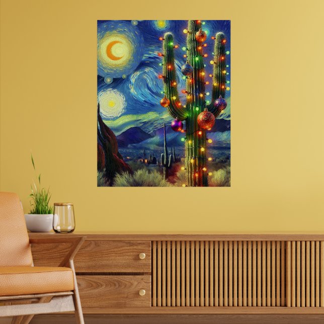 Christmas in the Desert Saguaro Cactus Blue Green Poster (Living Room 2)