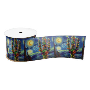 Christmas in the Desert Saguaro Cactus Blue Green Satin Ribbon