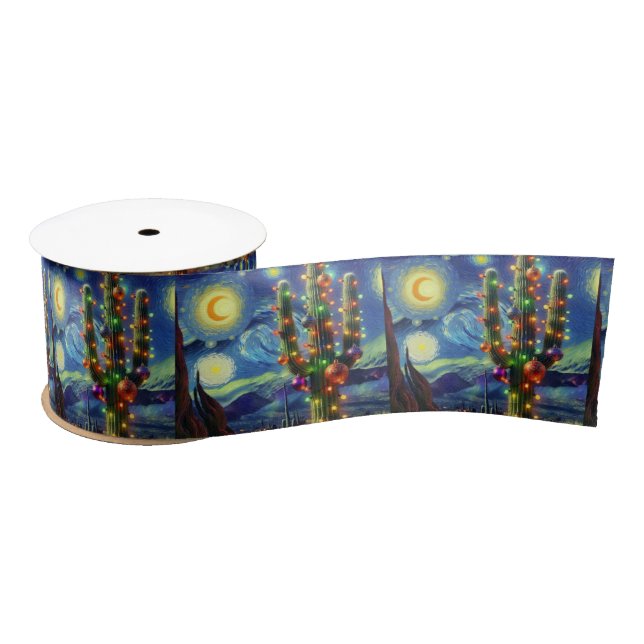 Christmas in the Desert Saguaro Cactus Blue Green Satin Ribbon (Spool)