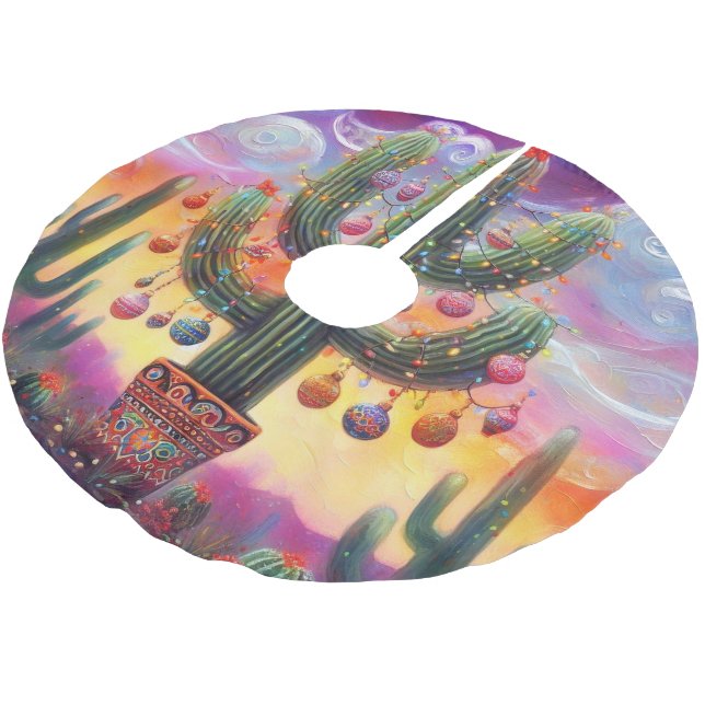 Christmas in the Desert Southwest Saguaro Cactus Brushed Polyester Tree Skirt (Angled)