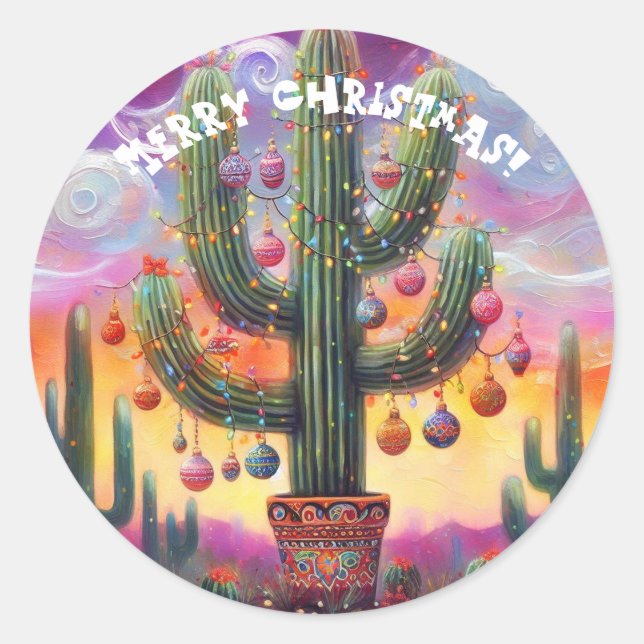 Christmas in the Desert Southwest Saguaro Cactus Classic Round Sticker (Front)