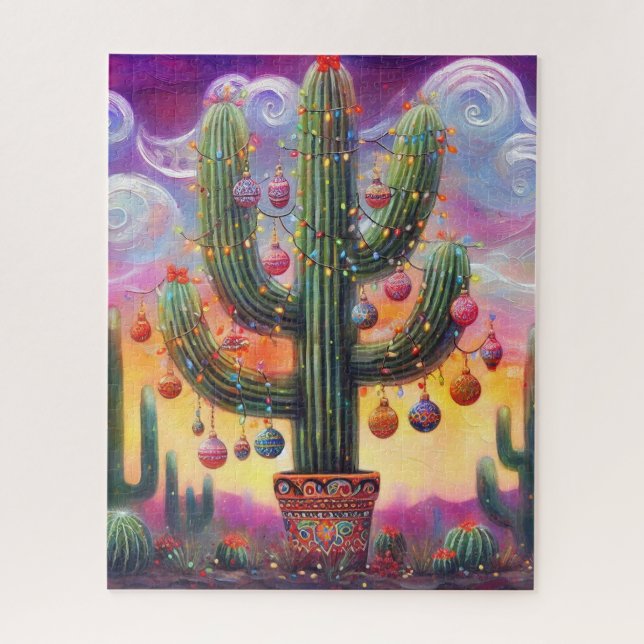Christmas in the Desert Southwest Saguaro Cactus Jigsaw Puzzle (Vertical)