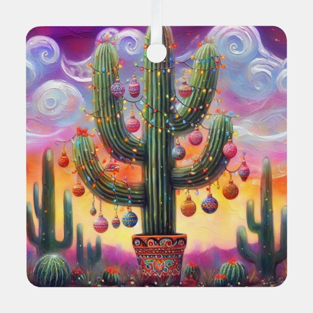 Christmas in the Desert Southwest Saguaro Cactus Metal Tree Decoration (Front)